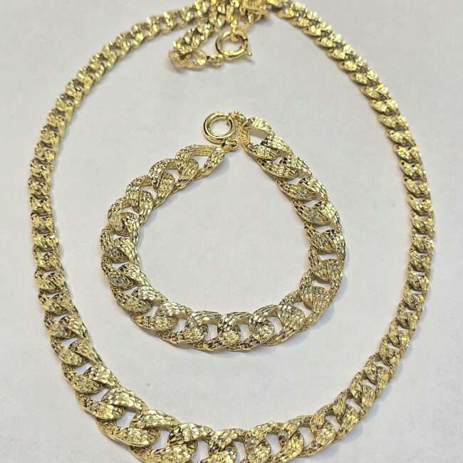 סט זהב 14 קראט חריטות תחרה שרשרת וצמיד רחבים beutiful