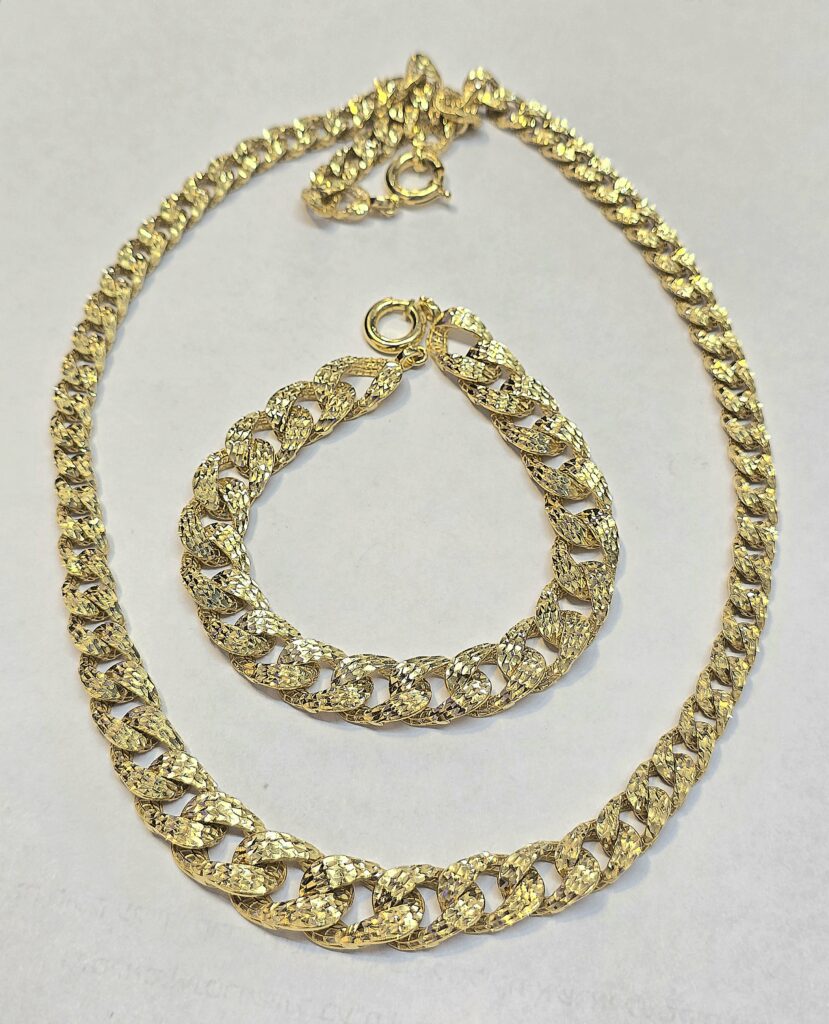 סט זהב 14 קראט חריטות תחרה שרשרת וצמיד רחבים beutiful