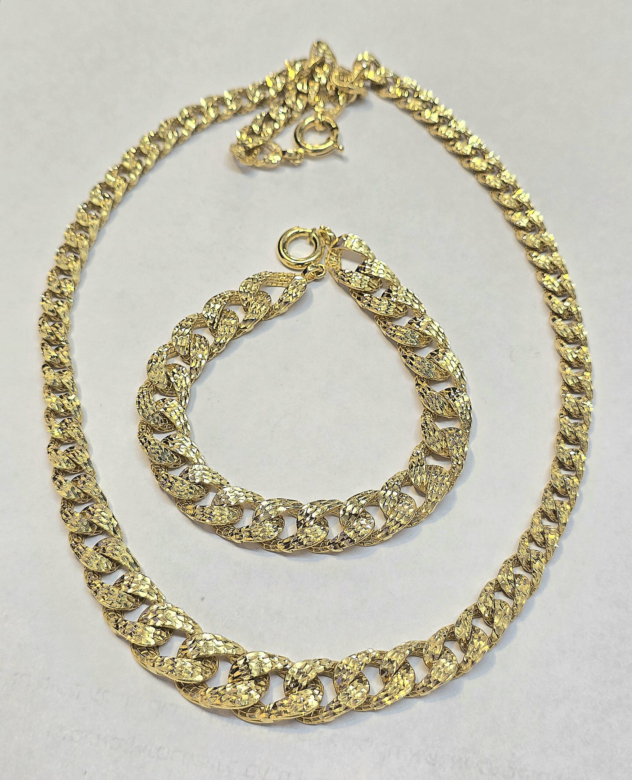 סט זהב 14 קראט חריטות תחרה שרשרת וצמיד רחבים beutiful