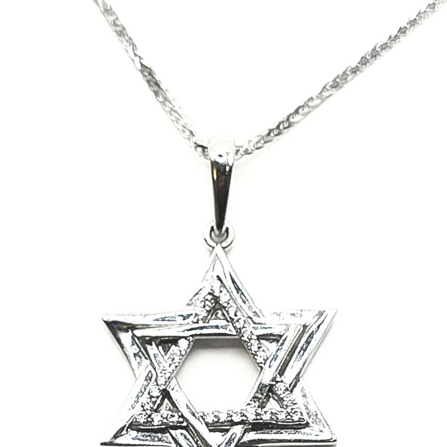 תליון יהלומי מעבדה מגן דויד ושרשרת זהב לבן 14 קראט shbhl1